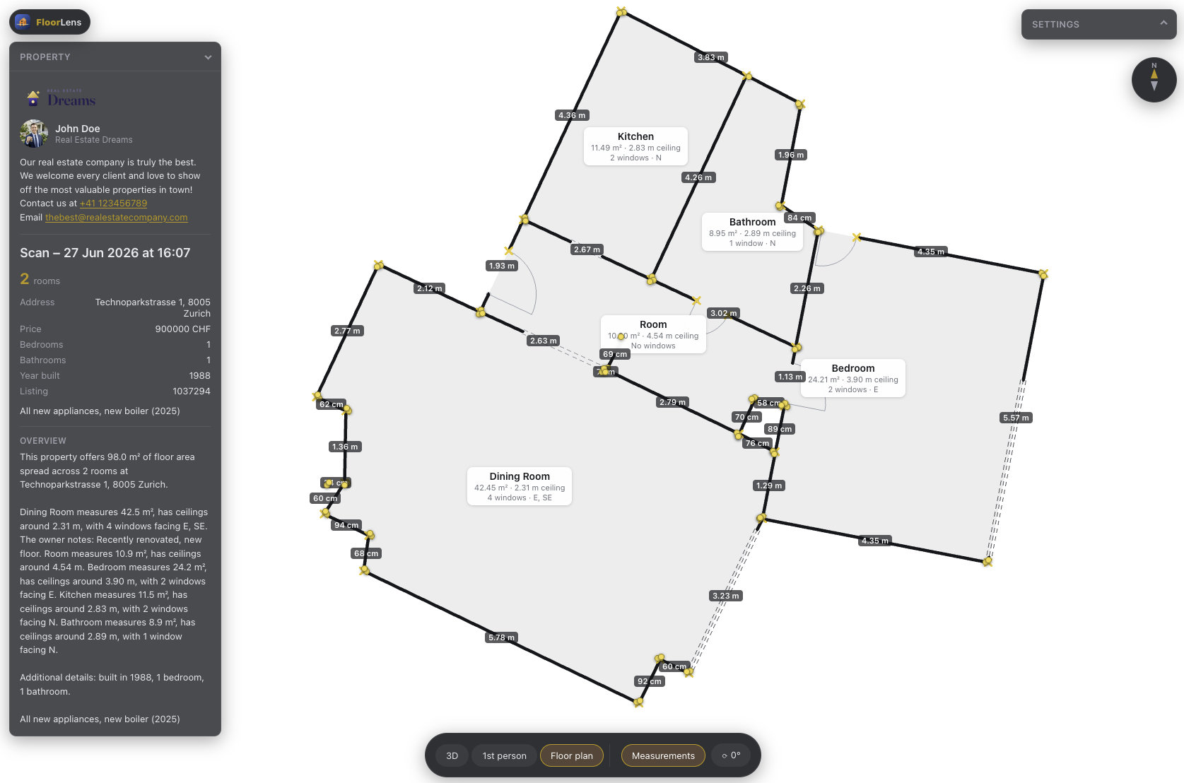 FloorLens interactive web viewer showing a measured floor plan