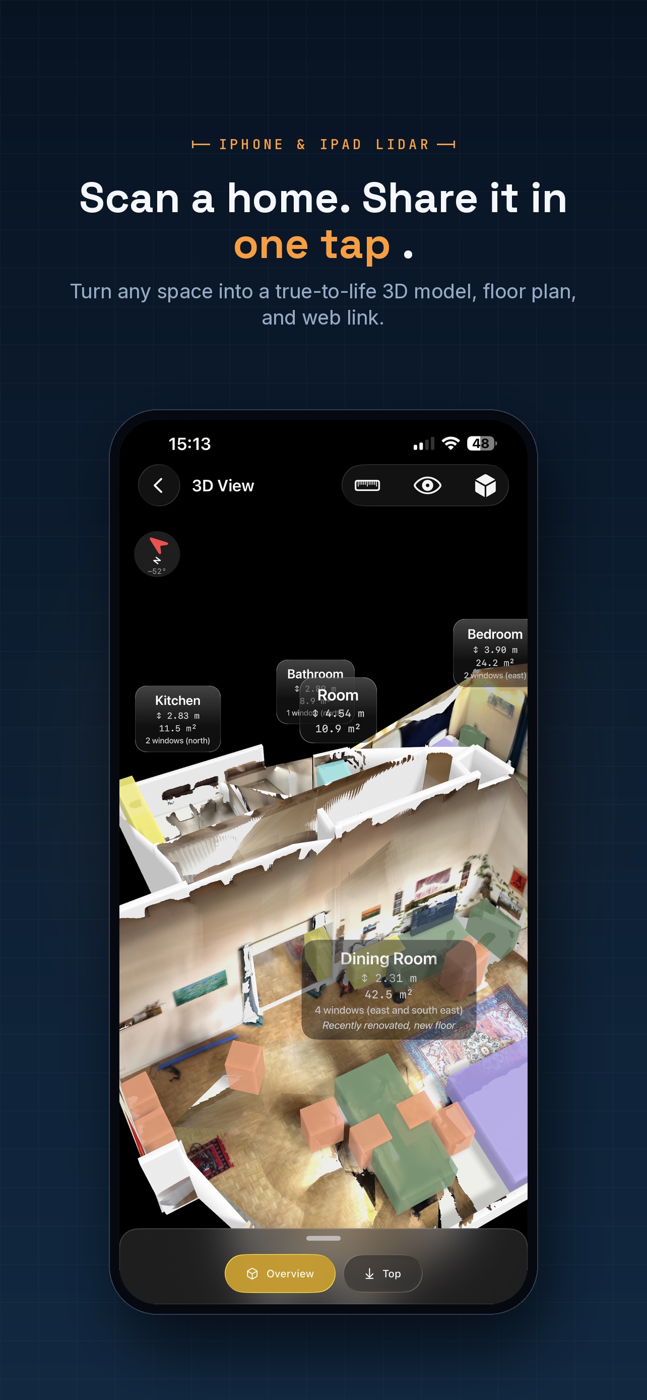 FloorLens scanning a home into a 3D model on iPhone