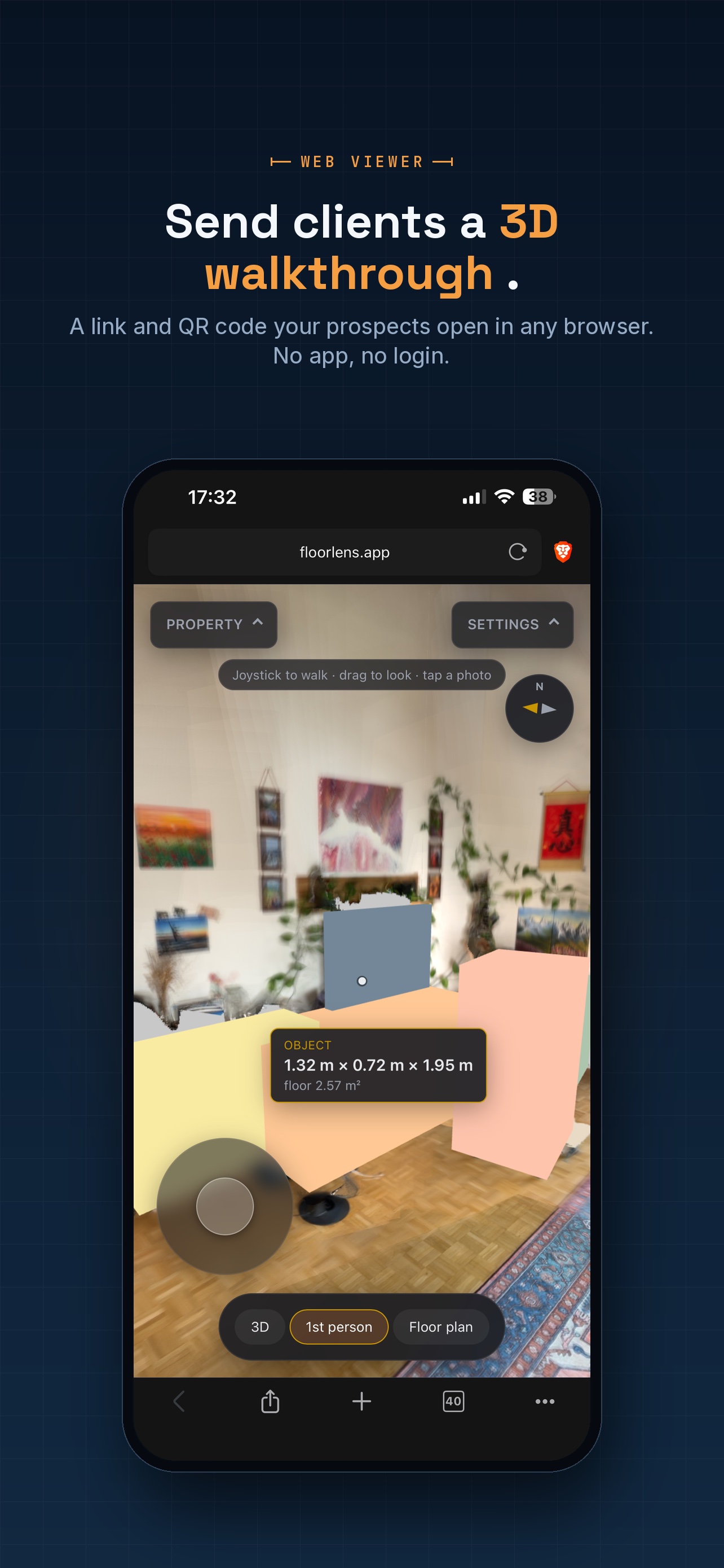 FloorLens web viewer 3D walkthrough shared via link and QR code